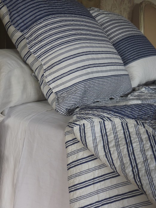 couvre-lit blanc bleu rayé 100 % coton 