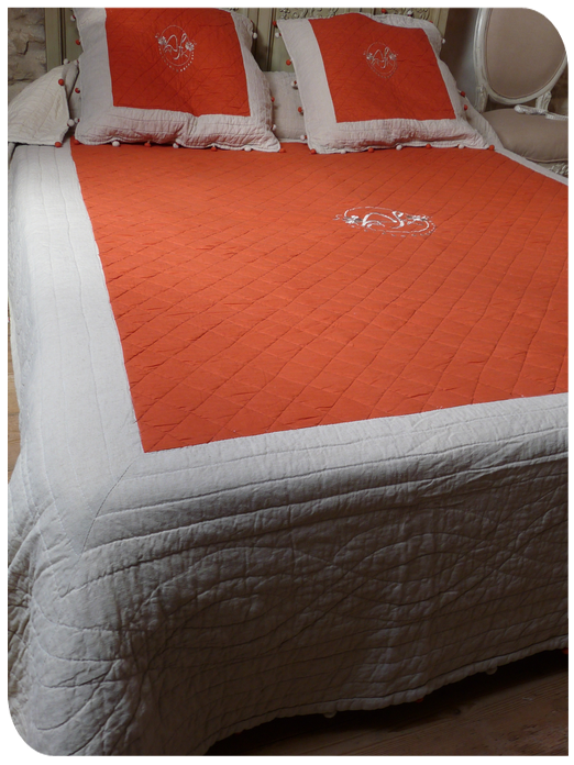 couvre-lit boutis modèle venise orange et lin